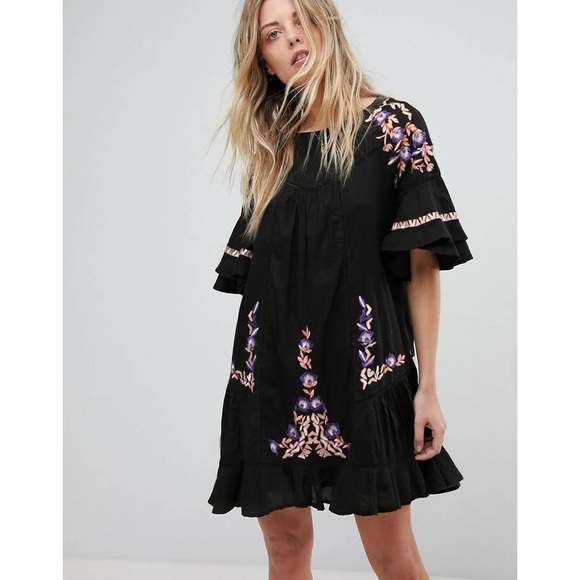 Free People Pavlo Embroidered Babydoll Tunic Mini Dress Black Floral Boho XS - Picture 3 of 12